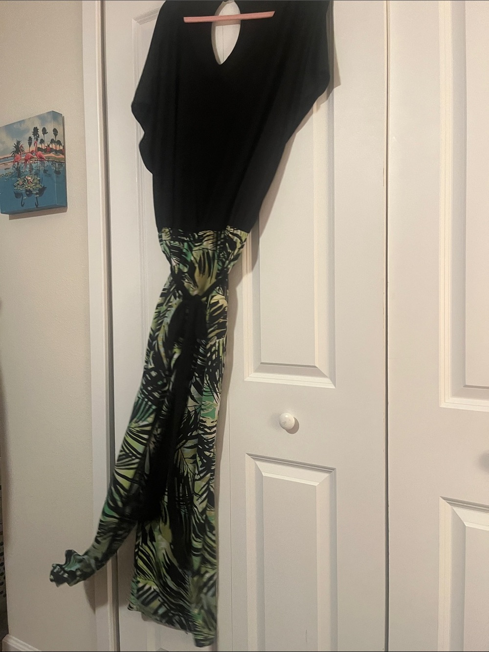 Avenue Black Jumpsuit with Green Palm-Print Wide Legs